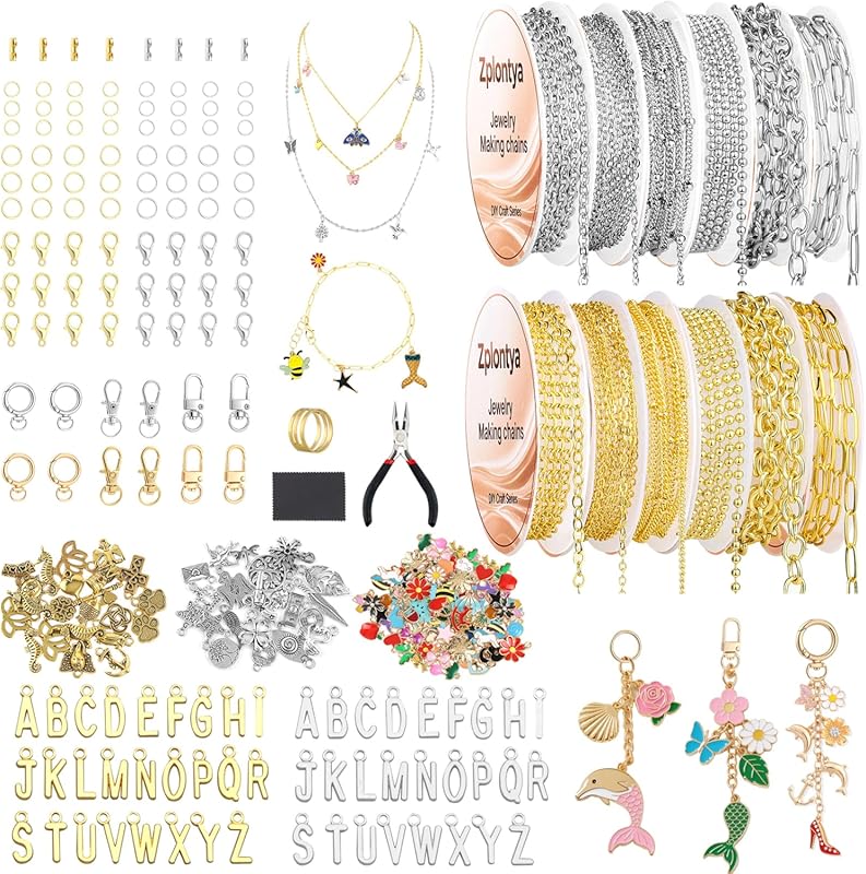 Zplontya 18K Gold/Silver 50ft Jewelry Chains Kit with 381PCS Charms, J