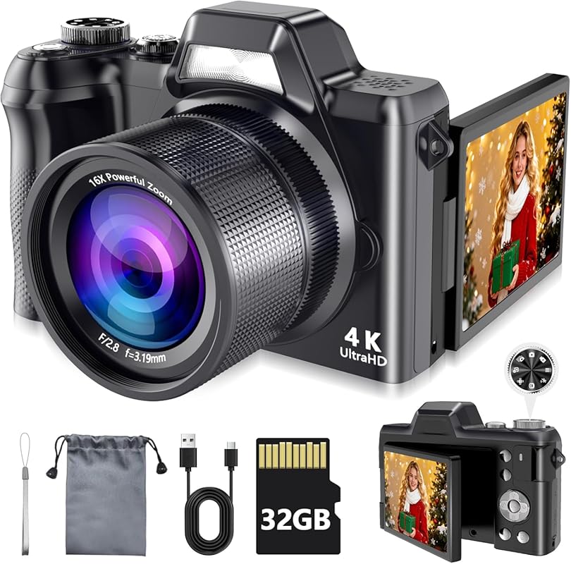 56MP 4K Compact Digital Camera with 180° Flip Screen, 16X Zoom & 32GB 