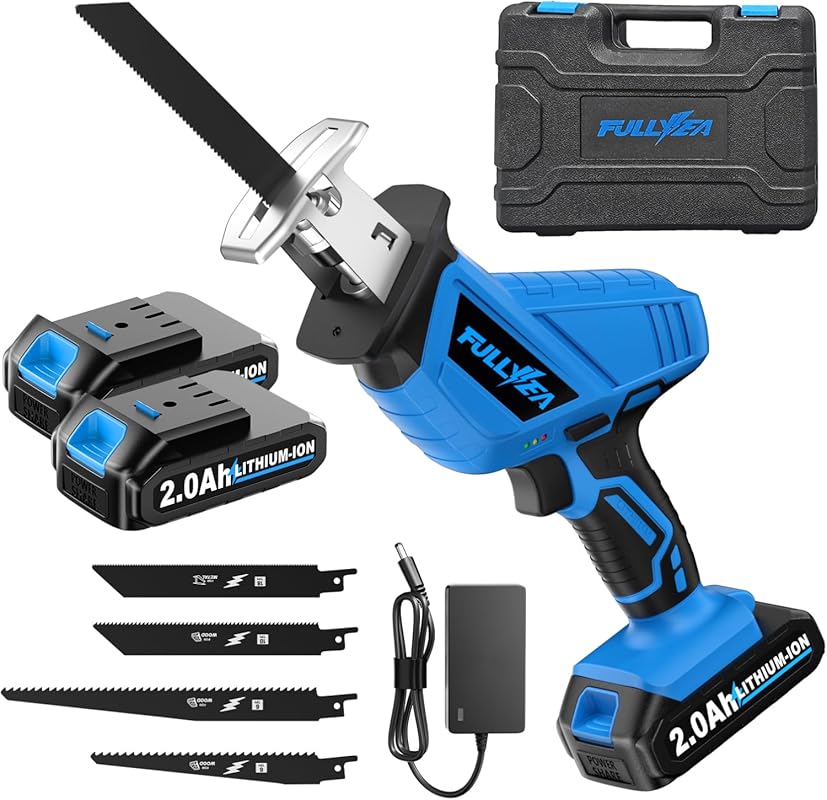 FULLYEA Cordless Reciprocating Saw with 2 Batteries & 4 Blades, 3500SPM Speed for Wood/Metal/Plastic Cutting