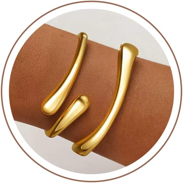 18K Gold Plated Waterproof Twist Cuff Bangle Bracelet Set for Women, N