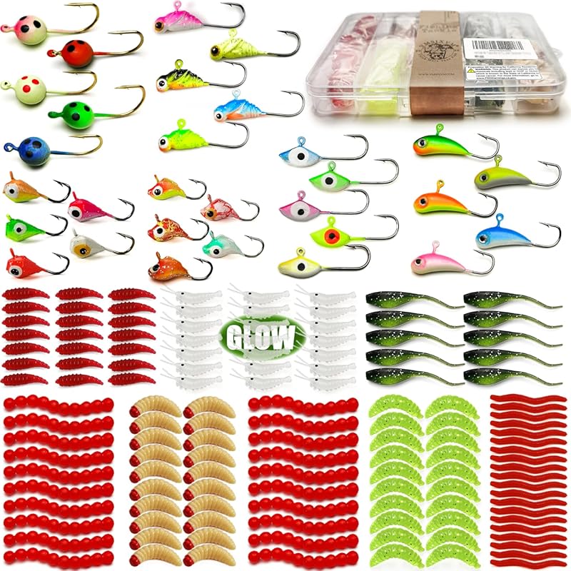 High-Performance Ice Fishing Jigs Kit with Glow Worms for Walleye Crap