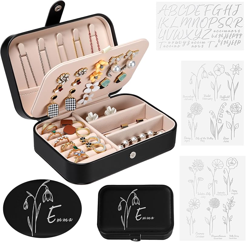 Personalized Leather Jewelry Box with Name & Birth Flower Decal, Trave