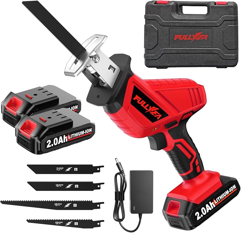 FULLYEA Cordless Reciprocating Saw with 2 * 2.0 Ah Battery & 4 Blades,