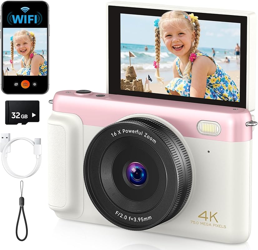 75MP 4K Digital Camera with 180° Flip Screen, Anti Shake & Pink Gift S