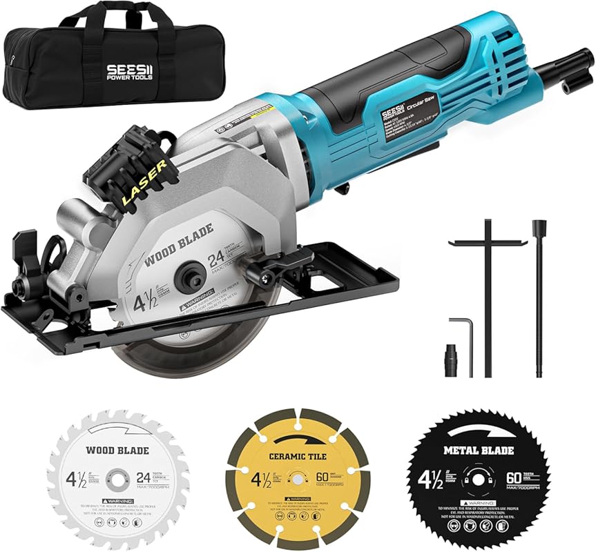 Seesii Mini Circular Saw with Laser Guide, 4.8A 4000 RPM, Rip Guide & 