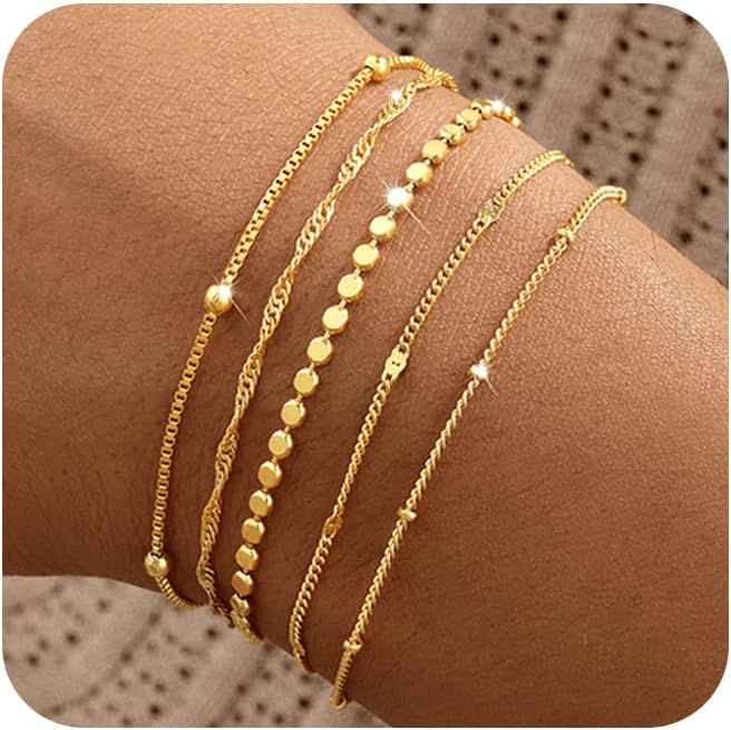 14K Gold Plated Stackable Adjustable Charm Bracelet Set - Waterproof L