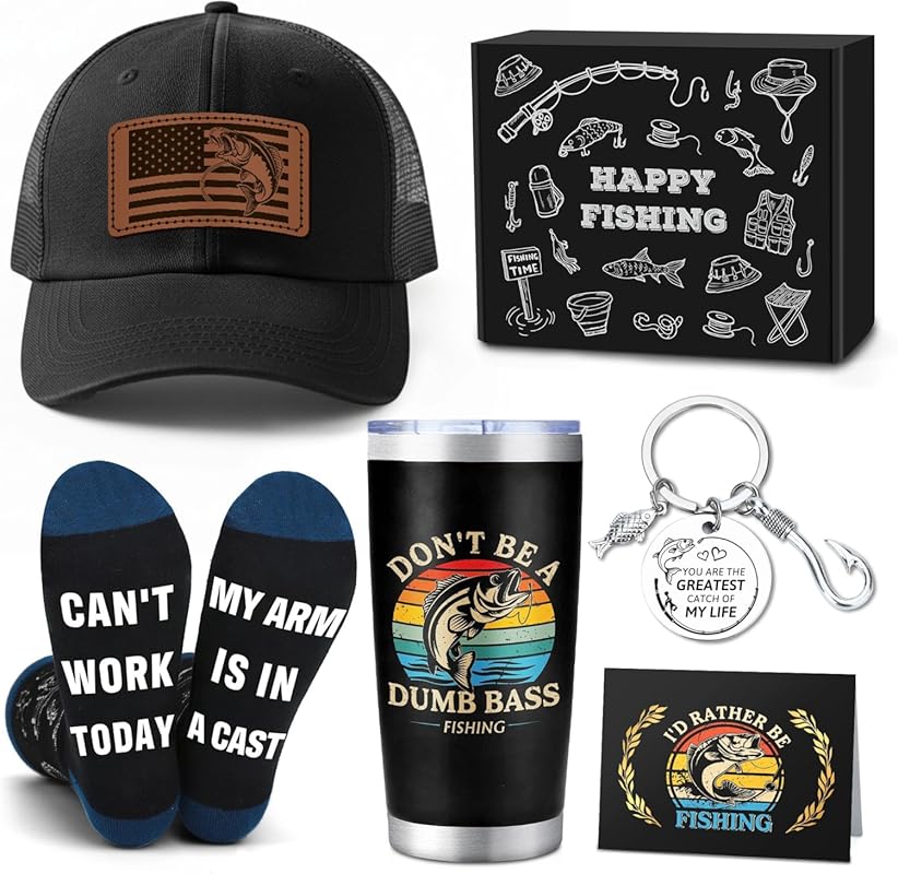 Cool Fisherman Gifts for Men: Keychain, Mug, Hat & Socks Bundle