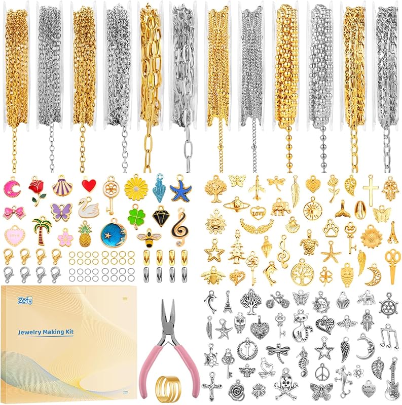 Zefy 18K Gold & Silver Stainless Steel Jewelry Chains Kit with Charms,