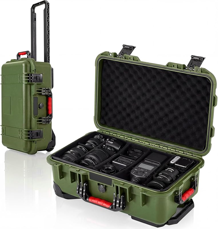 Waterproof Military Green Rolling Camera Case 22x14x9 Inch with Wheels