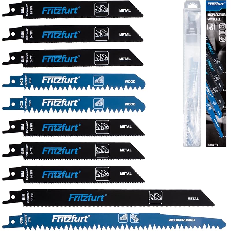 10-Piece Reciprocating Saw Blade Set for Wood & Metal with Storage Case