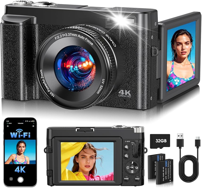 4K WiFi 64MP Vlogging Camera with 180° Flip Screen, 16X Zoom & 32GB Ca