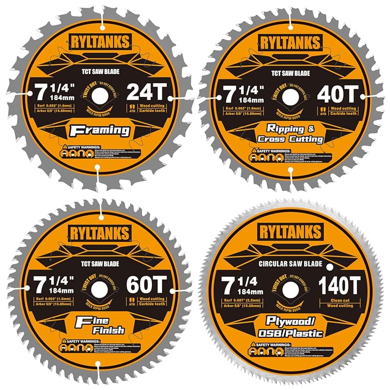 7-1/4 Inch Circular Saw Blades 4-Pack: 24T Framing, 40T Ripping, 60T F