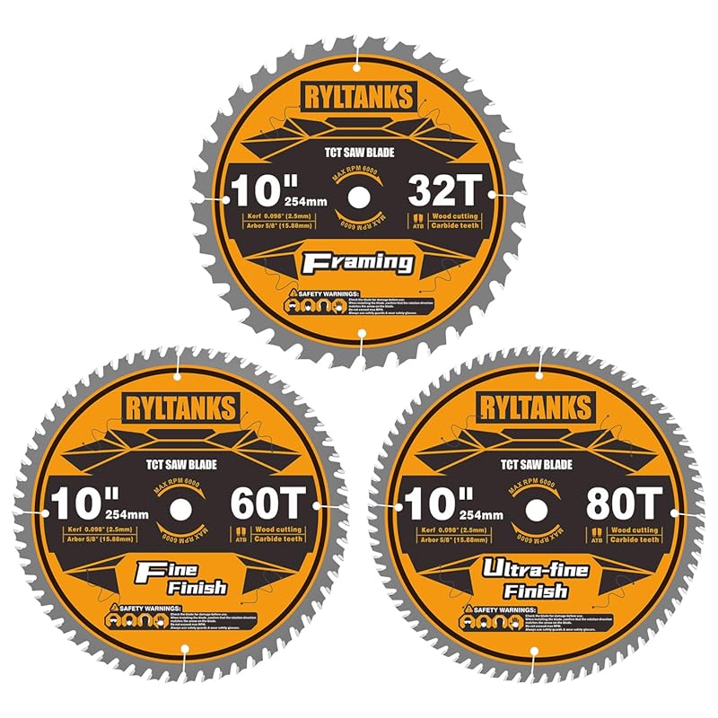 3-Pack 10-Inch Miter Table Saw Blades, 5/8