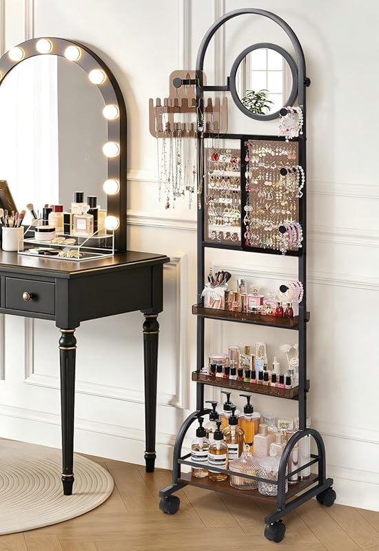 Tall Standing Jewelry Armoire with Mirror, Earring Organizer & Bracele