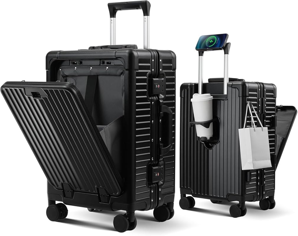 Aluminum Frame Carry-On Luggage with Cup Holder, USB Port & Front Pock