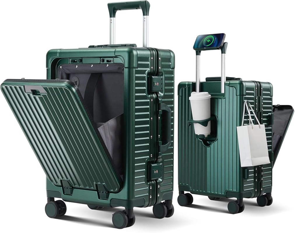 Aluminum Frame Carry On Luggage with Cup Holder, USB Port & Spinner Wh