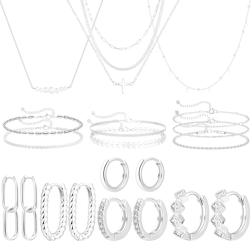 BBV 18-Pcs Gold/Silver Plated Fashion Jewelry Set with Necklaces, Brac