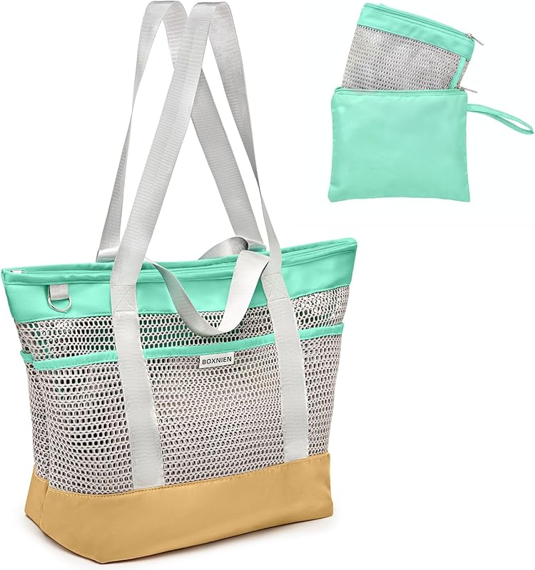 XXL 28L Mesh Beach Bag for Women - Sandproof, Waterproof Bottom, Zippe