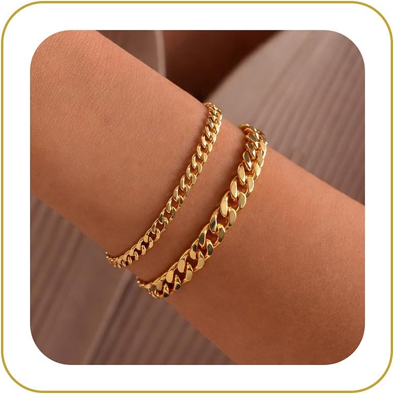 14K Gold Plated Waterproof Chunky Cuban Link Bracelets for Women, Non-