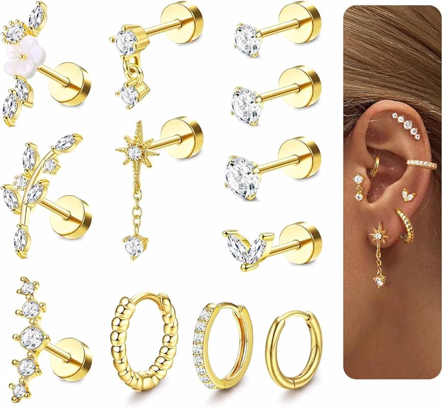 LOLIAS 16G Hypoallergenic Surgical Steel Flat Back Cartilage Earrings