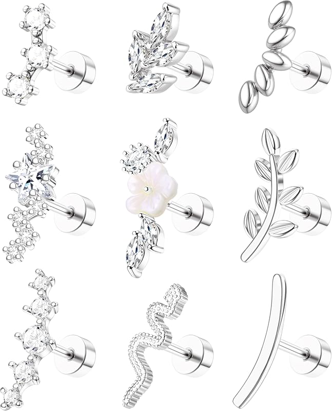 ZELORES 9Pcs 16G Stainless Steel Flat Back Cartilage Earrings