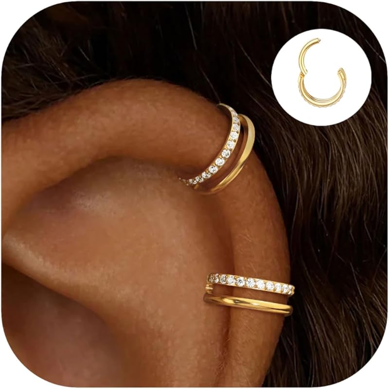 2 Pcs Trendy 14K Gold Plated Stainless Steel Double-Hoop Cartilage Earring